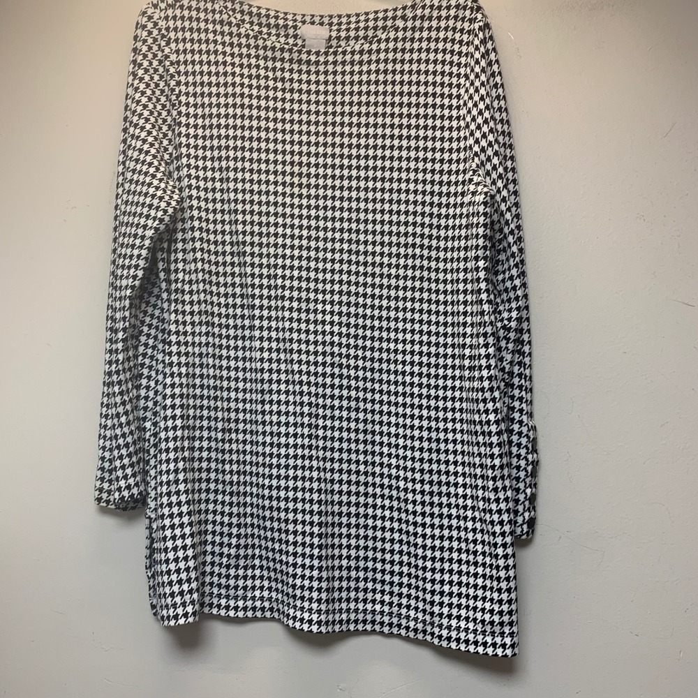 Chico's Tunic Top Womens 2 L Black White Excellent Houndstooth Long Sleeve